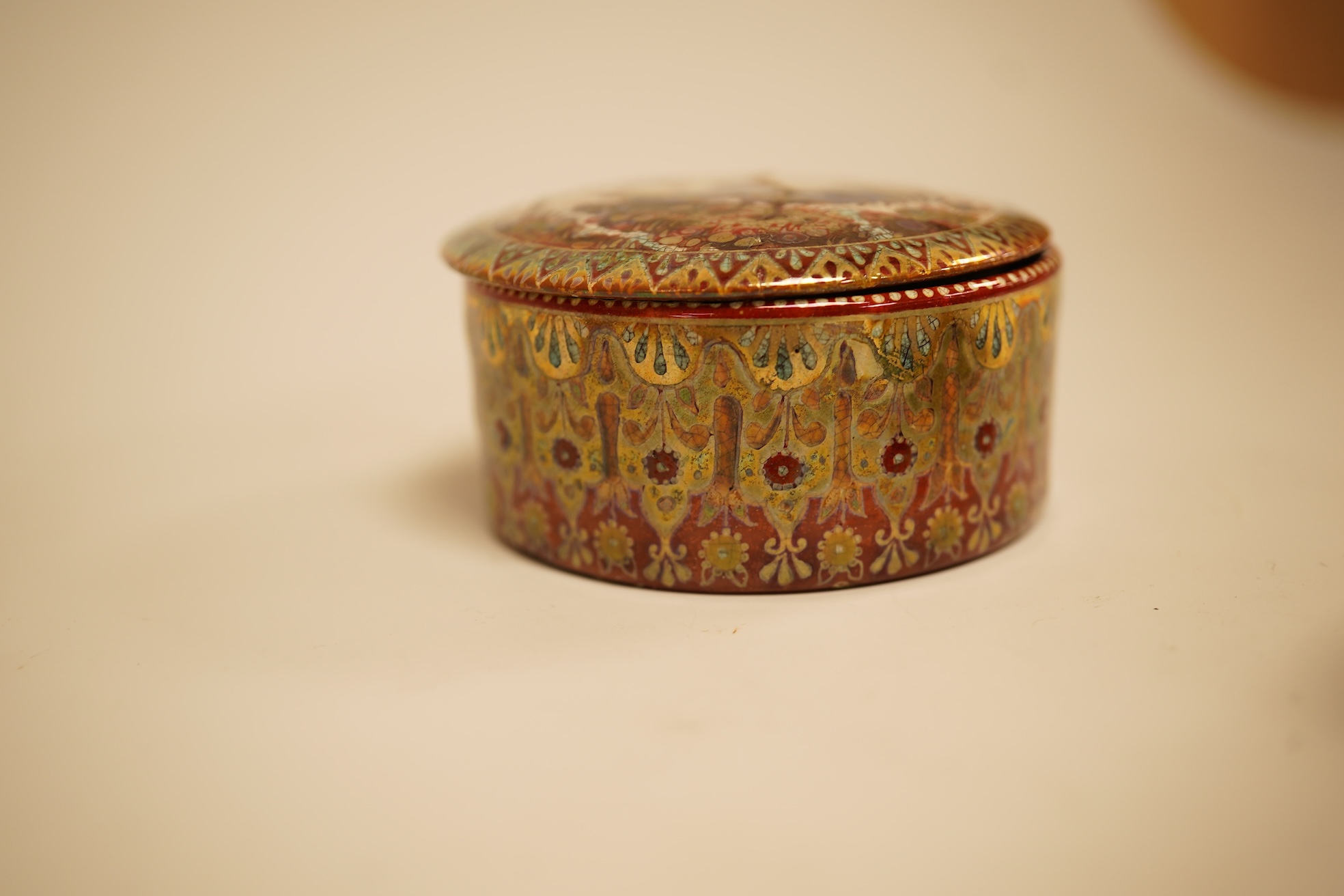 A Zsolnay lustre 'chicken' box and cover and two Sevres style porcelain boxes and covers (3) ‘chicken box’ 5cm diameter.